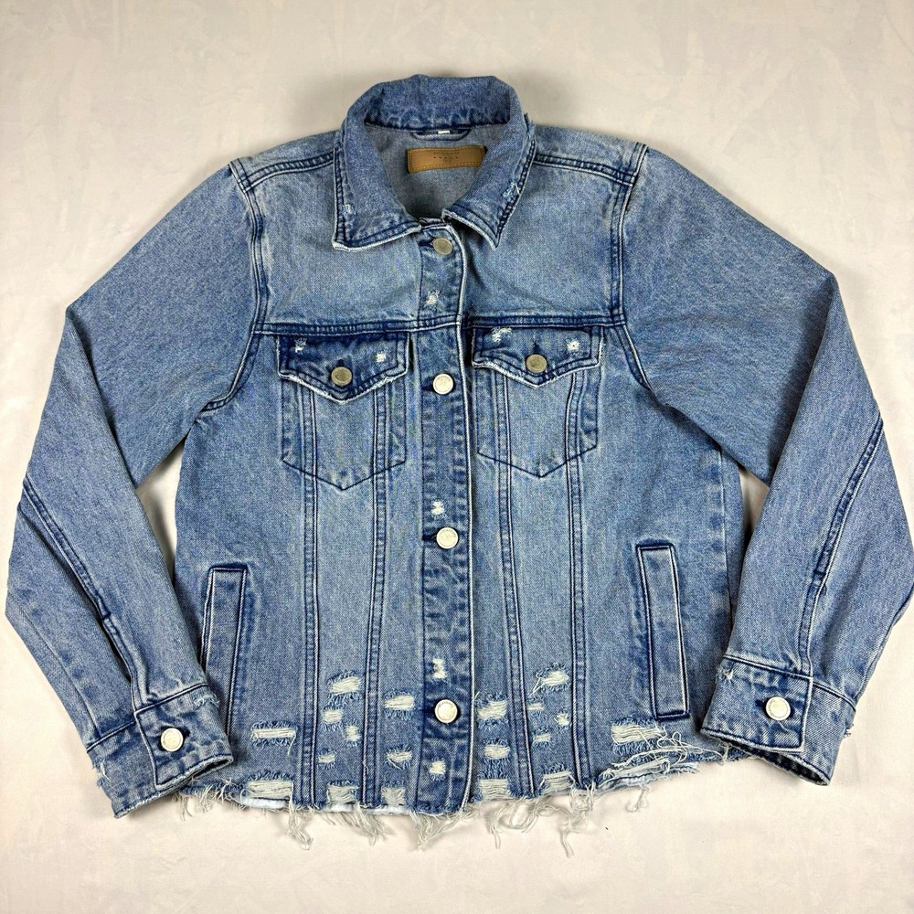 BlankNYC Distressed Denim Jacket Women XS Light Wash Raw Hem Trucker Jean Jacket